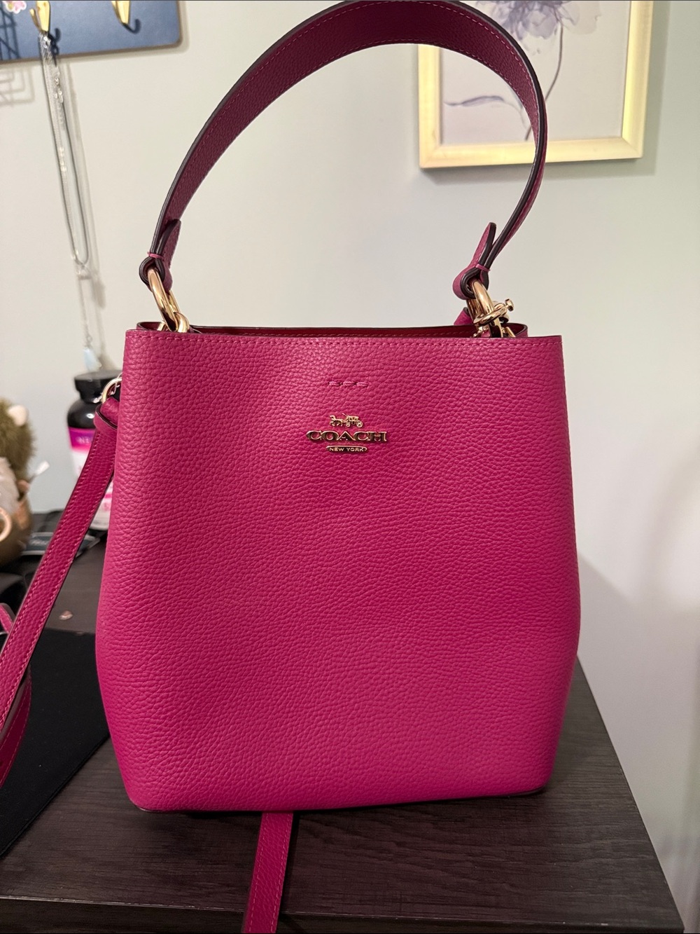 Coach Fuchsia Pebbled Leather Bucket Shoulder Bag with Gold Hardware